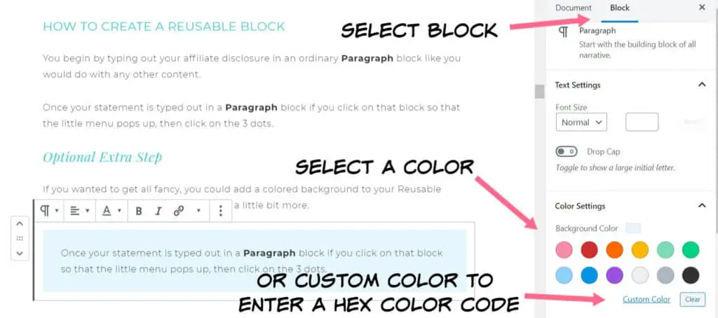Add a colored background to your reusable block | How to Add Affiliate Disclosure to a blog post