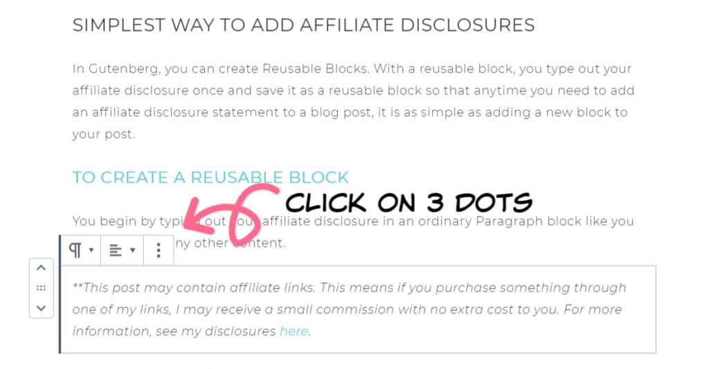 click on 3 dots menu | How to Add Affiliate Disclosure to a blog post