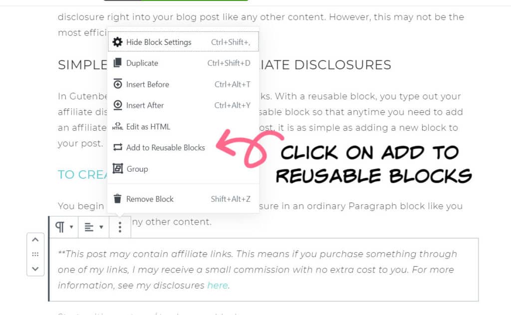 Click on add to reusable blocks | How to Add Affiliate Disclosure to a blog post
