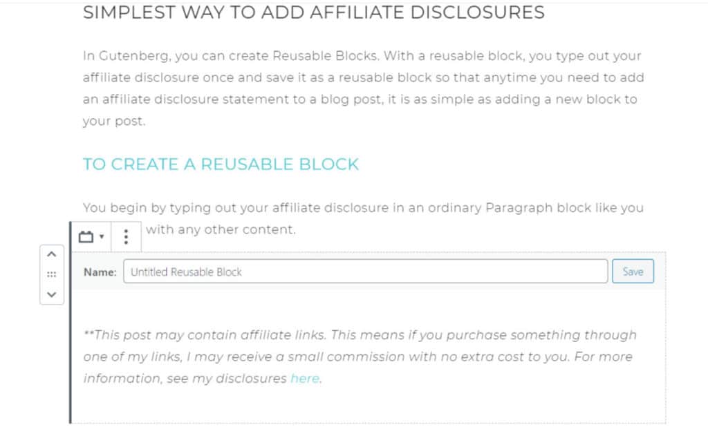 Enter a name for your reusable block | How to Add Affiliate Disclosure to a blog post 